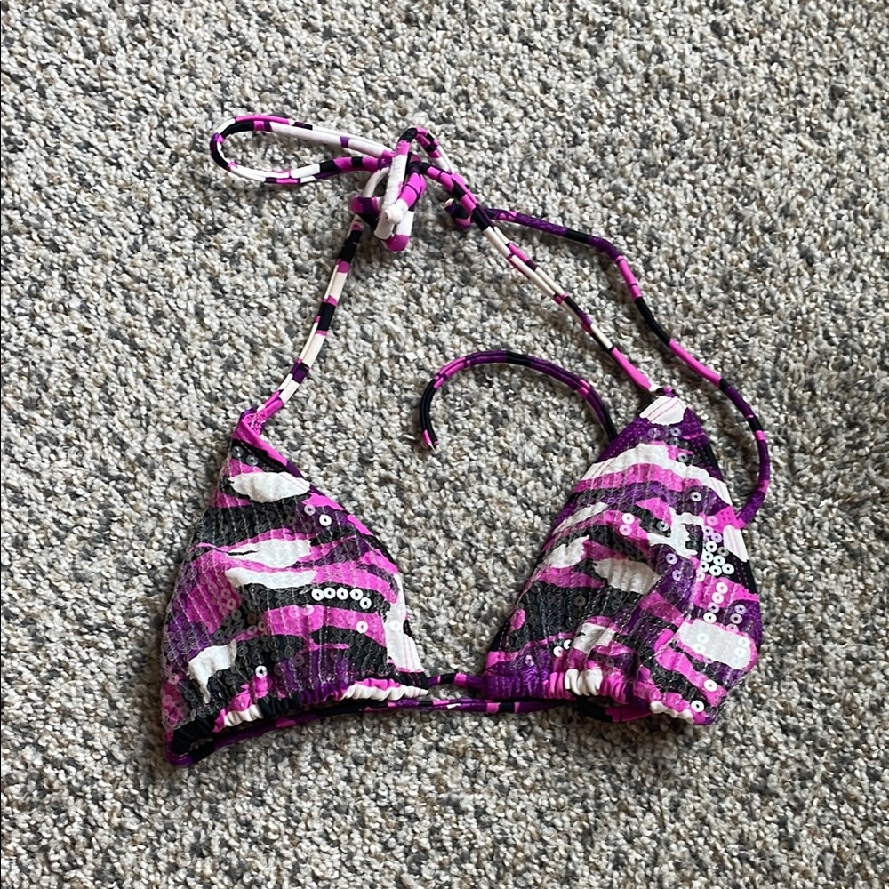 Y2k White black and Purple Camouflage and sequin Bikini Top